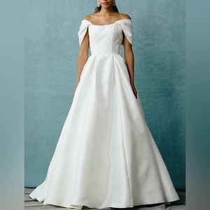 Off white, off the shoulder ball gown with lace up back and sleeve